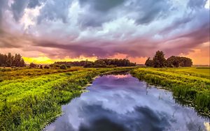 Preview wallpaper river, meadow, trees, landscape, nature, clouds