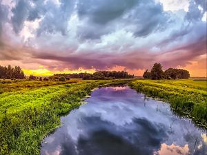 Preview wallpaper river, meadow, trees, landscape, nature, clouds