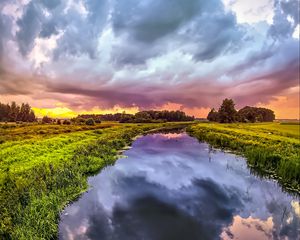 Preview wallpaper river, meadow, trees, landscape, nature, clouds