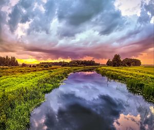 Preview wallpaper river, meadow, trees, landscape, nature, clouds