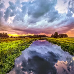 Preview wallpaper river, meadow, trees, landscape, nature, clouds