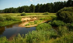 Preview wallpaper river, meadow, wood, island, glade, herbs, sand, sky, blue, water