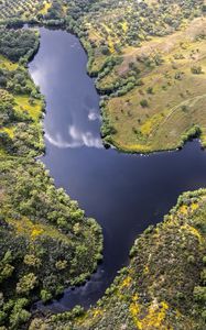 Preview wallpaper river, meadows, trees, nature, aerial view