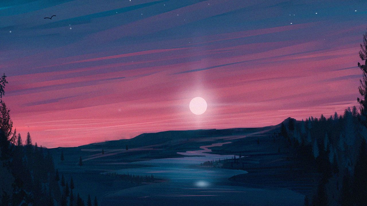 Wallpaper river, moon, night, landscape, art