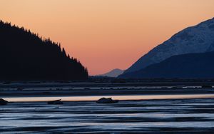 Preview wallpaper river, mountain, forest, sunset, nature