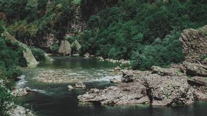 Preview wallpaper river, mountain, slope, stones, bushes