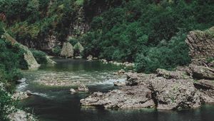 Preview wallpaper river, mountain, slope, stones, bushes