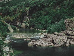 Preview wallpaper river, mountain, slope, stones, bushes