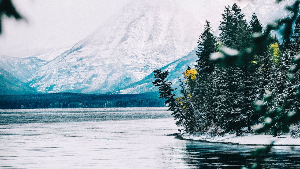 Wallpaper river, mountain, snow, shore, landscape