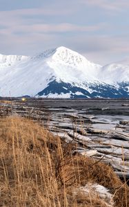 Preview wallpaper river, mountain, snow, valley, landscape, nature