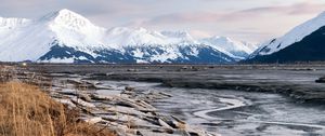 Preview wallpaper river, mountain, snow, valley, landscape, nature