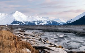 Preview wallpaper river, mountain, snow, valley, landscape, nature