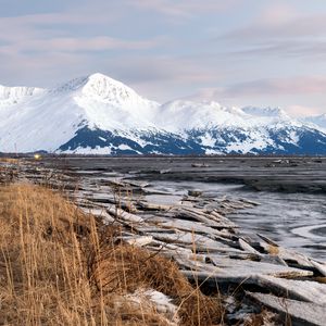 Preview wallpaper river, mountain, snow, valley, landscape, nature