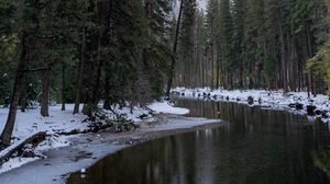 Preview wallpaper river, mountain, snow, trees, winter