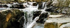 Preview wallpaper river, mountain, stones, ukraine, carpathians, stream, wood