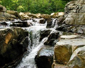 Preview wallpaper river, mountain, stones, ukraine, carpathians, stream, wood