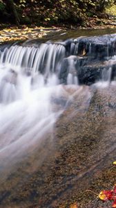 Preview wallpaper river, mountain, water, stream, leaves, autumn