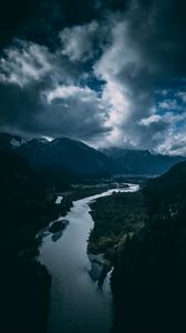 Preview wallpaper river, mountains, aerial view, sky, clouds, trees, germany