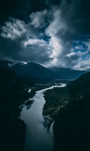 Preview wallpaper river, mountains, aerial view, sky, clouds, trees, germany