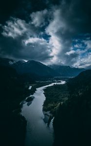 Preview wallpaper river, mountains, aerial view, sky, clouds, trees, germany