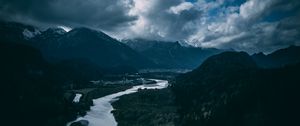 Preview wallpaper river, mountains, aerial view, sky, clouds, trees, germany