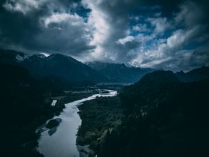 Preview wallpaper river, mountains, aerial view, sky, clouds, trees, germany