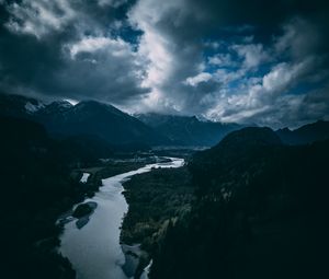 Preview wallpaper river, mountains, aerial view, sky, clouds, trees, germany