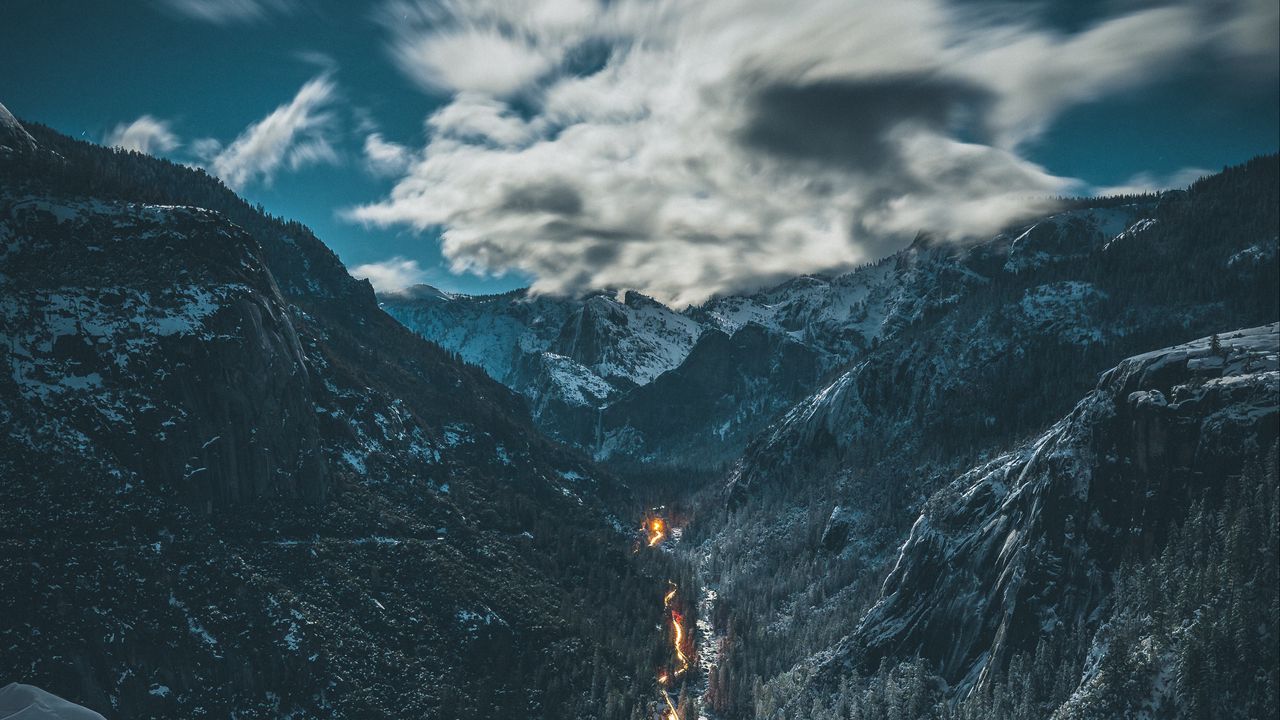 Wallpaper river, mountains, aerial view, overcast, snow