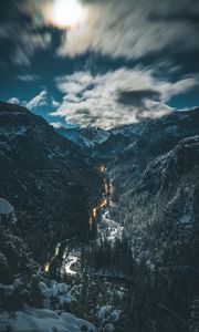 Preview wallpaper river, mountains, aerial view, overcast, snow