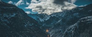 Preview wallpaper river, mountains, aerial view, overcast, snow