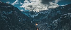 Preview wallpaper river, mountains, aerial view, overcast, snow