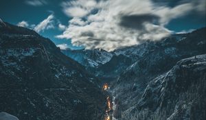 Preview wallpaper river, mountains, aerial view, overcast, snow