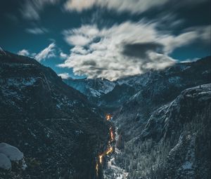 Preview wallpaper river, mountains, aerial view, overcast, snow