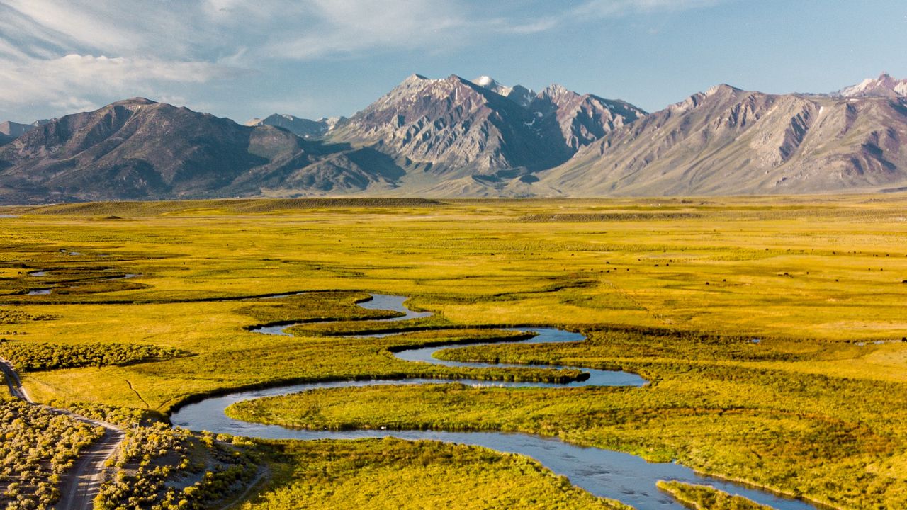 Wallpaper river, mountains, aerial view, winding, landscape