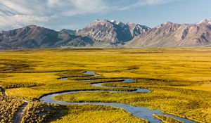 Preview wallpaper river, mountains, aerial view, winding, landscape