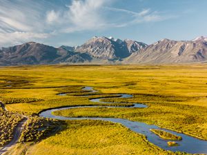 Preview wallpaper river, mountains, aerial view, winding, landscape