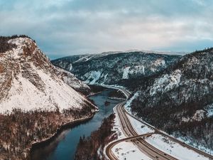 Preview wallpaper river, mountains, aerial view, landscape, canada