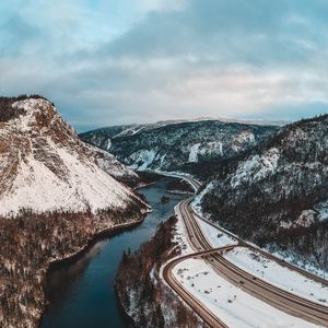 Preview wallpaper river, mountains, aerial view, landscape, canada