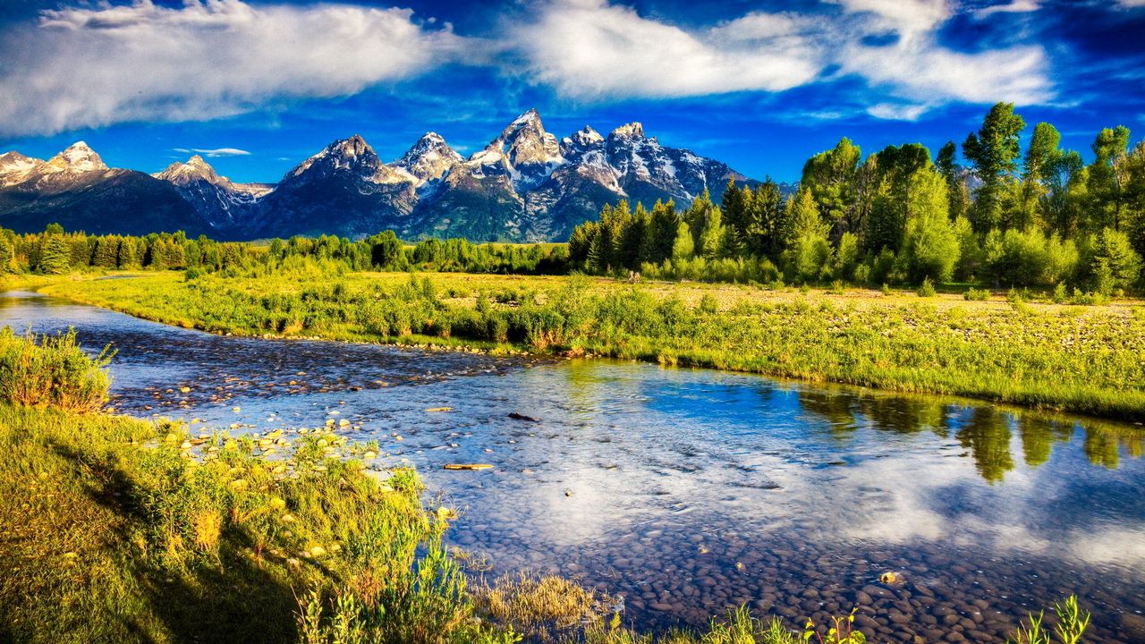 Wallpaper river, mountains, bottom, stones, brightly, sky, trees, grass, contrast