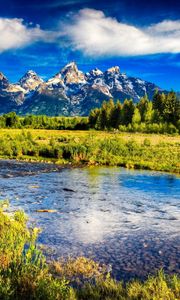 Preview wallpaper river, mountains, bottom, stones, brightly, sky, trees, grass, contrast