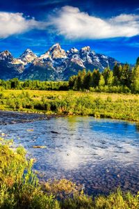 Preview wallpaper river, mountains, bottom, stones, brightly, sky, trees, grass, contrast