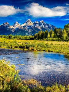 Preview wallpaper river, mountains, bottom, stones, brightly, sky, trees, grass, contrast