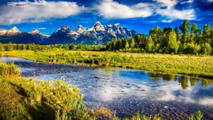 Preview wallpaper river, mountains, bottom, stones, brightly, sky, trees, grass, contrast