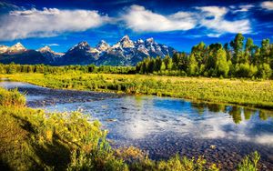 Preview wallpaper river, mountains, bottom, stones, brightly, sky, trees, grass, contrast