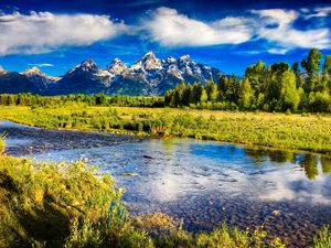 Preview wallpaper river, mountains, bottom, stones, brightly, sky, trees, grass, contrast