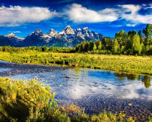 Preview wallpaper river, mountains, bottom, stones, brightly, sky, trees, grass, contrast