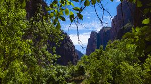 Preview wallpaper river, mountains, branches, stones, trees