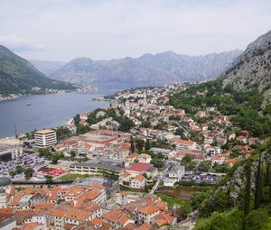 Preview wallpaper river, mountains, buildings, houses, city