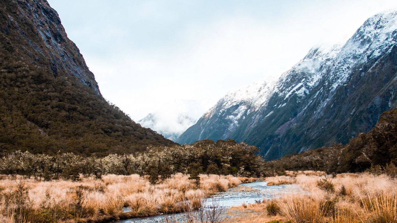 Wallpaper river, mountains, bushes, snow, snowy