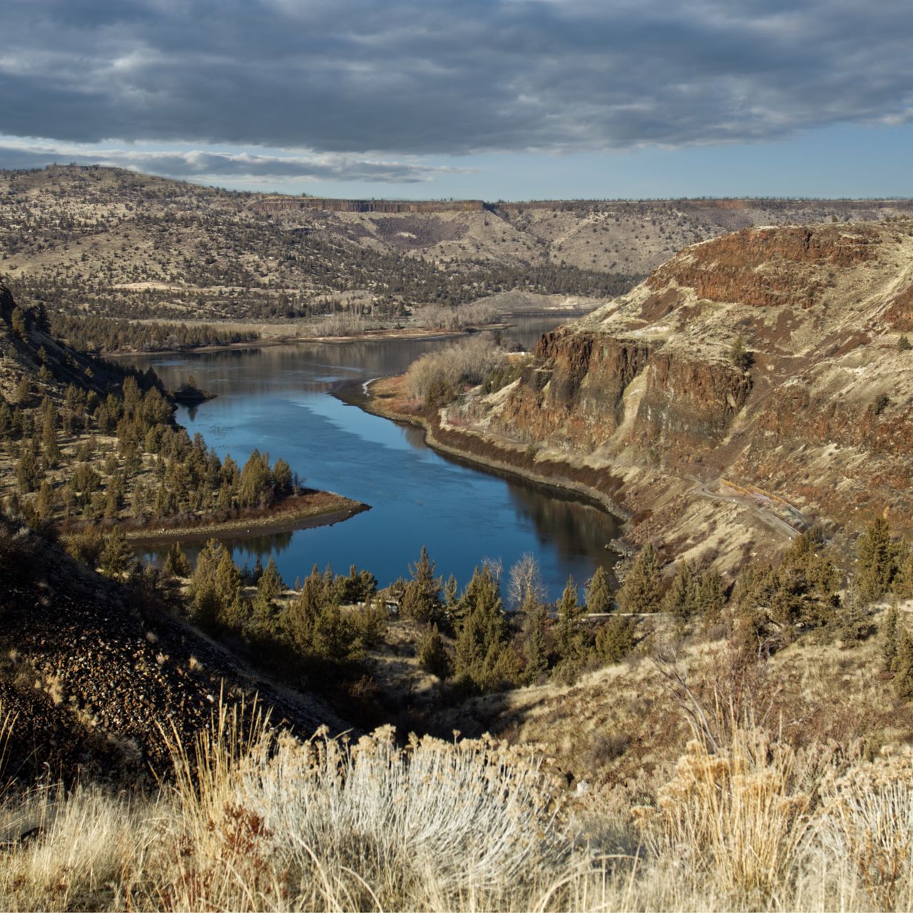 1280x1280 Wallpaper river, mountains, canyon, clouds, landscape